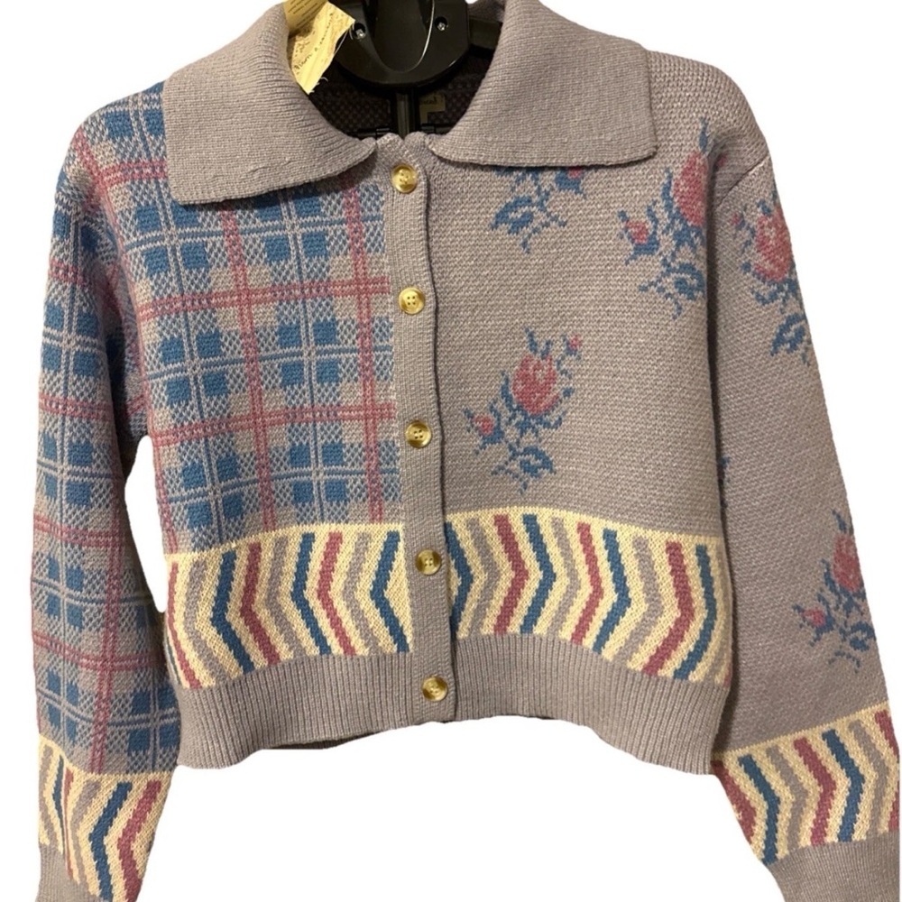 Gray Lavender floral button down sweater cardigan size medium by Hem & Thread​